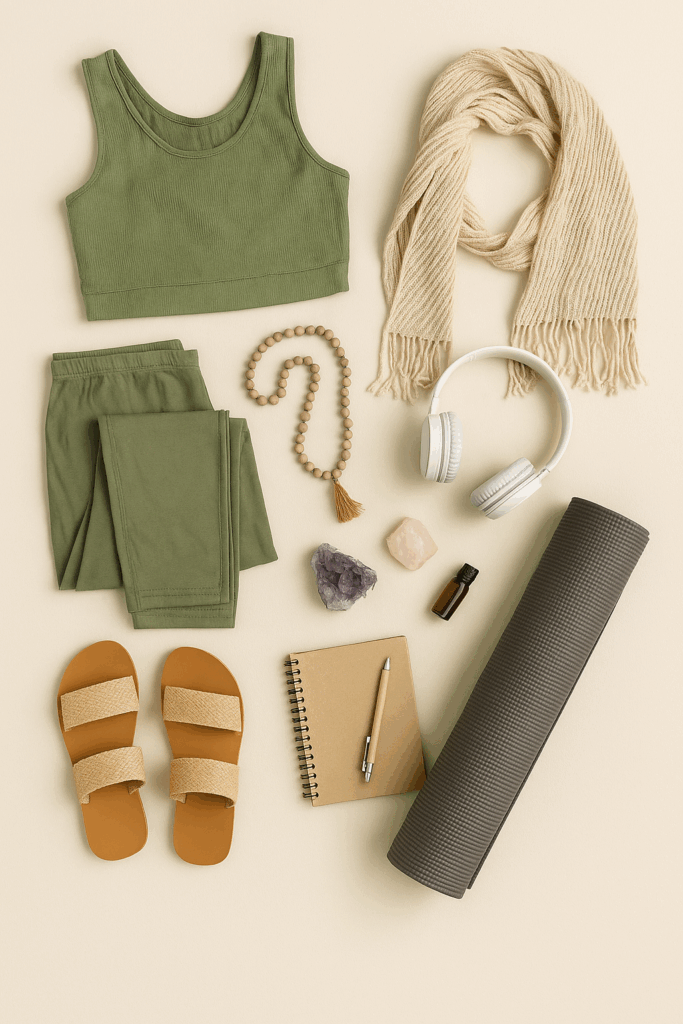 Flatlay of wellness retreat essentials including olive green yoga wear, scarf, sandals, crystals (amethyst and rose quartz), notebook with pen, aromatherapy oil, headphones, and a rolled yoga mat—ideal items for mindful travel and 2025 retreat packing lists.