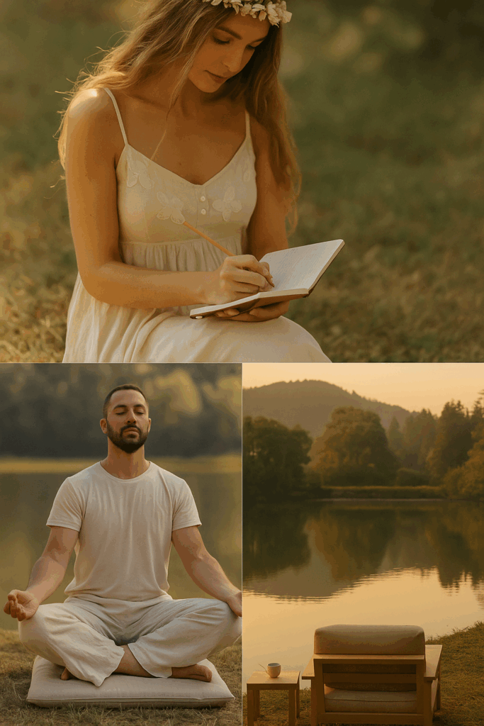 A peaceful collage illustrating 2025’s trending wellness retreat styles: a woman journaling outdoors representing goddesscore, a man meditating by a lake for digital detox, and a minimalist lakeside seating area symbolizing solo and nature-based retreats.