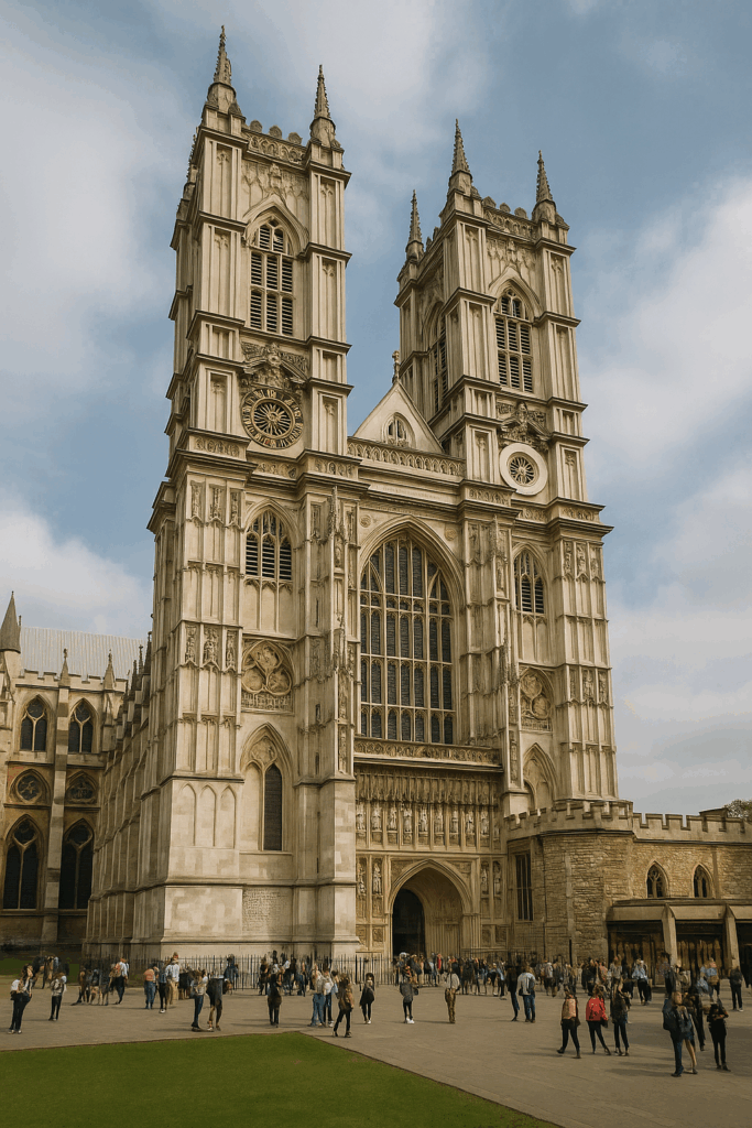 The intricate Gothic architecture of Westminster Abbey's exterior facade.