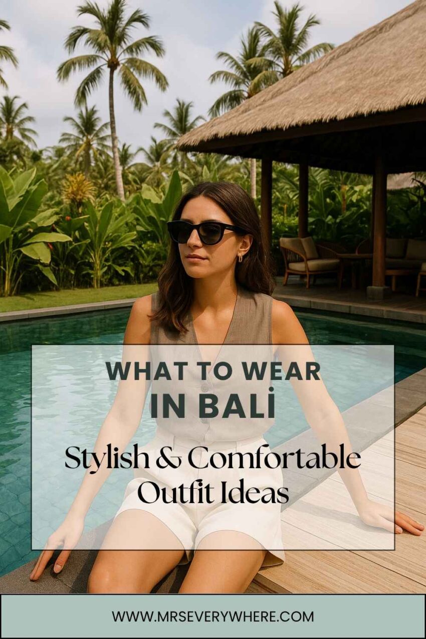Woman wearing a stylish summer outfit by a tropical pool in Bali — travel fashion inspiration for warm destinations.