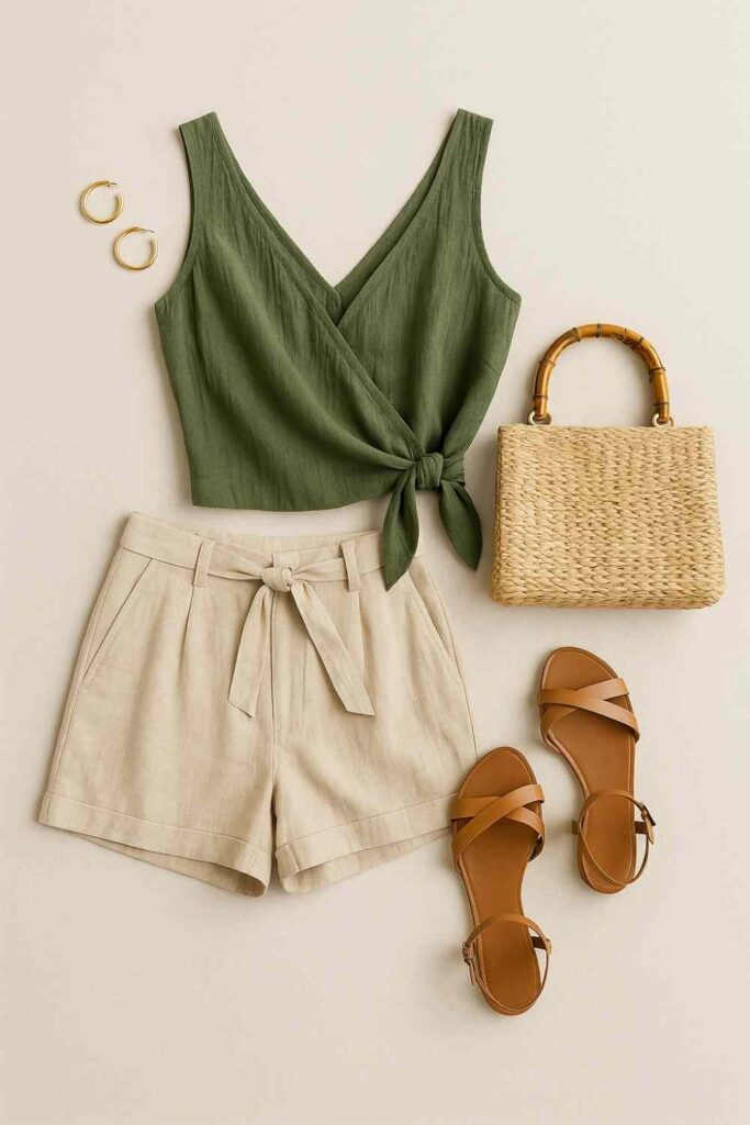 Comfortable and chic Santorini travel-day outfit with linen shirt, skirt and sneakers — ideal for ferry rides and market strolls.