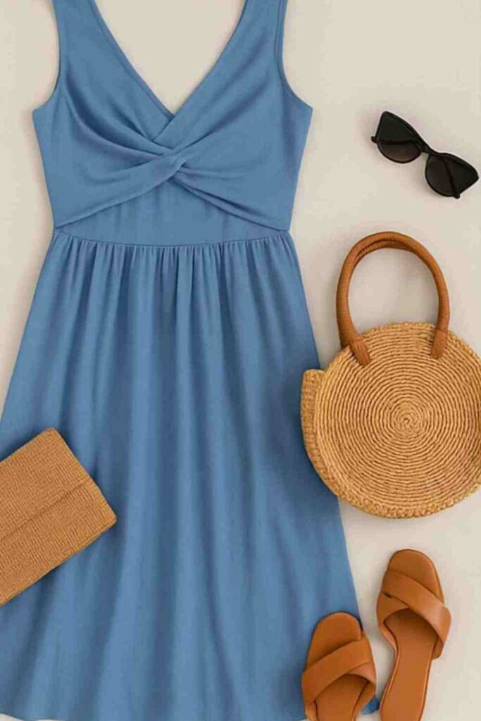 Comfortable striped midi dress flatlay for smart packing — mix-and-match friendly and ideal for island days.