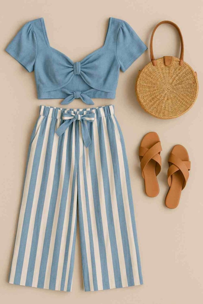 Flatlay of a stylish Santorini outfit featuring a blue striped wide-leg pant, matching crop top, straw round bag, and tan summer sandals.