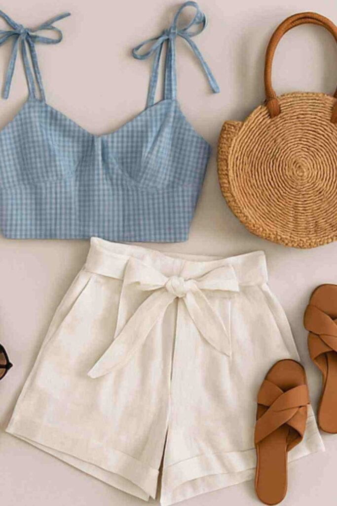 Minimalist white summer dress paired with tan sandals and woven straw bag — effortless style for Santorini days.
