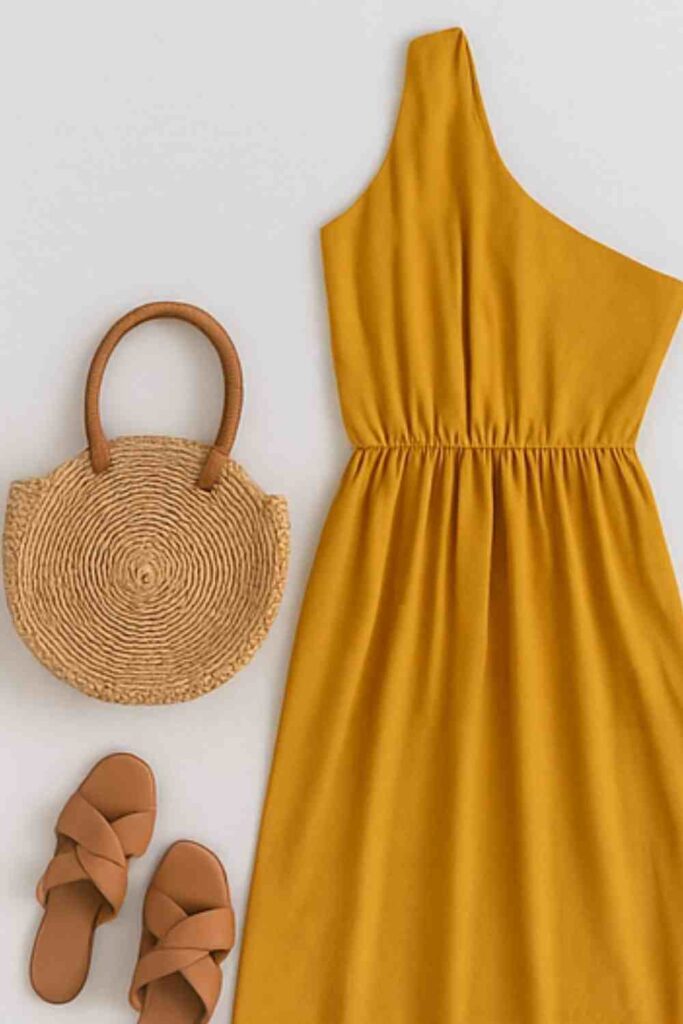 Bold yellow midi dress flatlay styled with neutral summer accessories — perfect for sunlit cafés and golden hour photos.