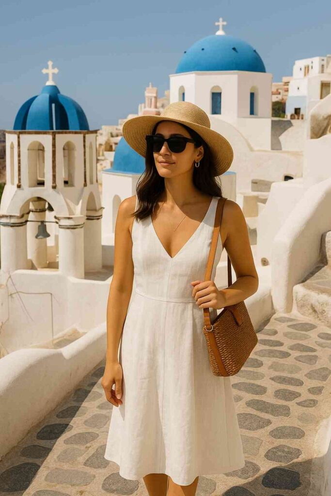 Flowy white dress styled against Santorini’s iconic blue domes — perfect for early morning photo sessions.