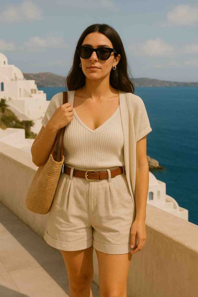 Neutral-toned street style dress paired with cat-eye sunnies and tote — made for gelato stops and chic wandering.